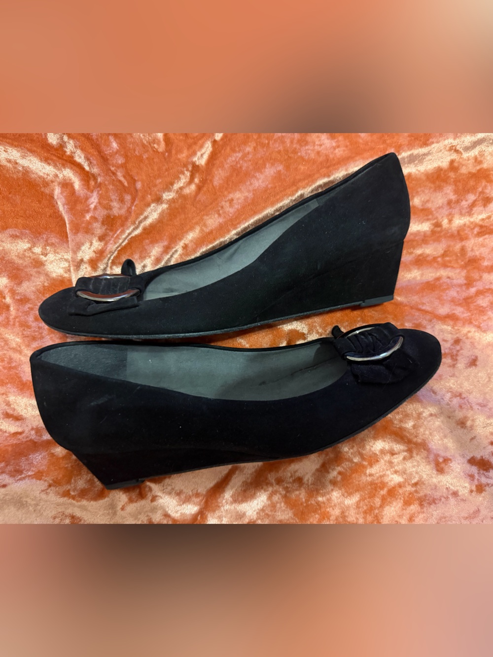 Stuart Weitzman Beaudelair Bow Black Suede Ballet Wedge  with Silver Buckle - 10 - Picture 4 of 7